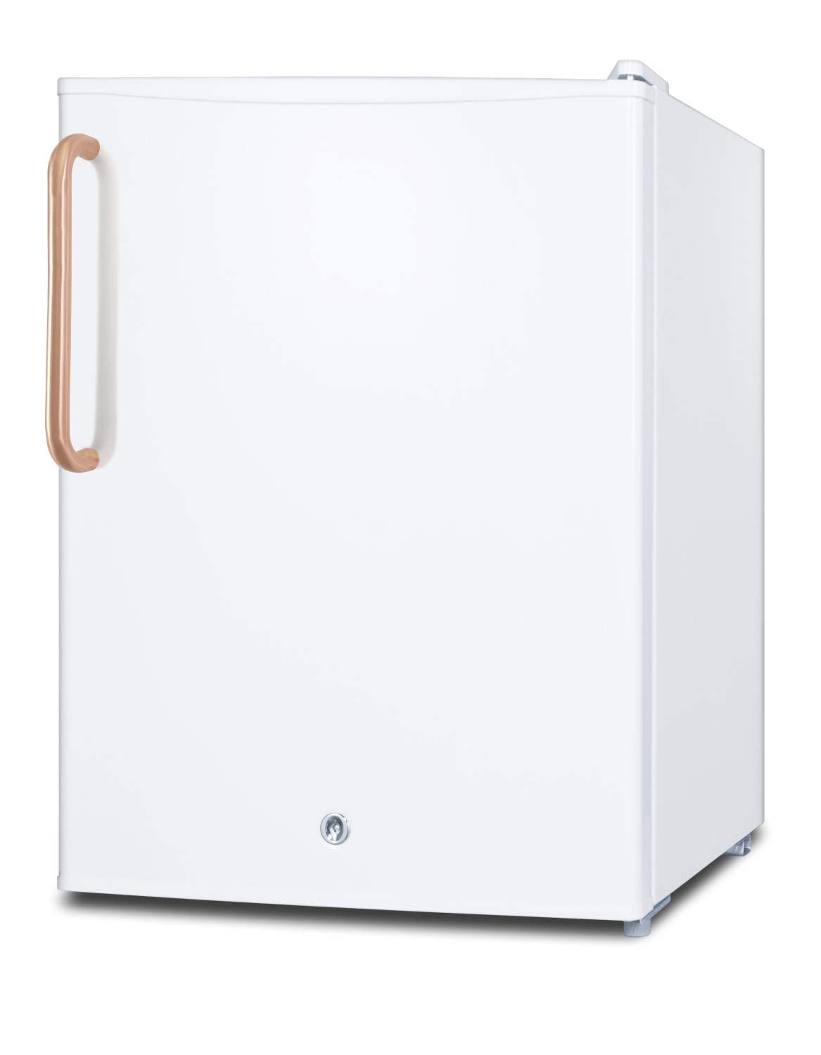 Compact all-refrigerator with automatic defrost, pure copper handle, front-mounted lock, and white finish